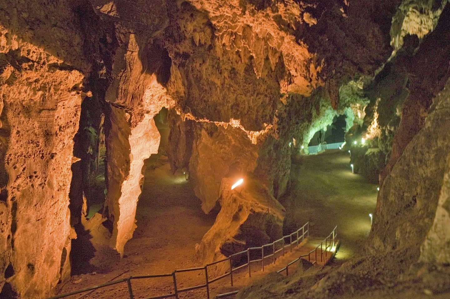 A lit walkway in the Sterkfontein Caves, South Africa.