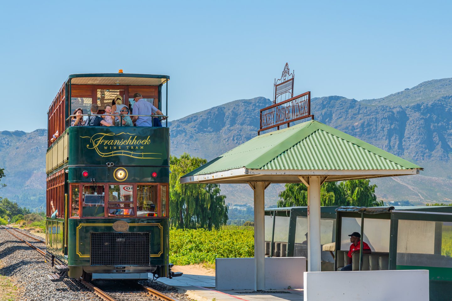 Rickety Bridge Winery railway station for tourist tram ride between vineyards in the Franschhoek Valley Southern Africa 