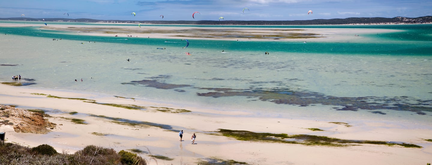 Kite surfers at Langebaan Lagoon in South Africa