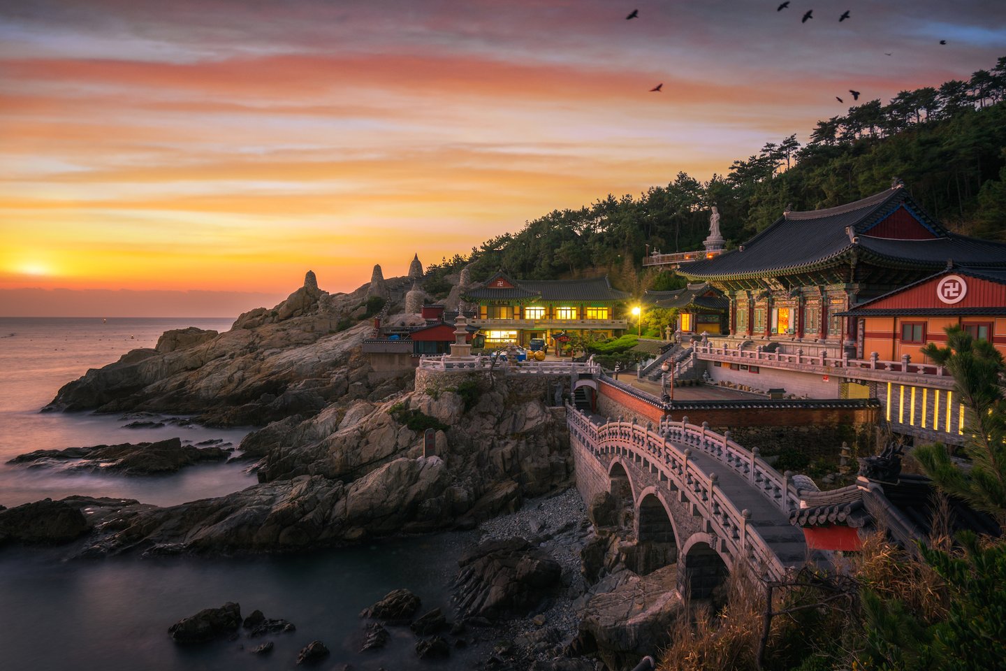 Haedong Yonggungsa Temple at sunset in Busan, South Korea