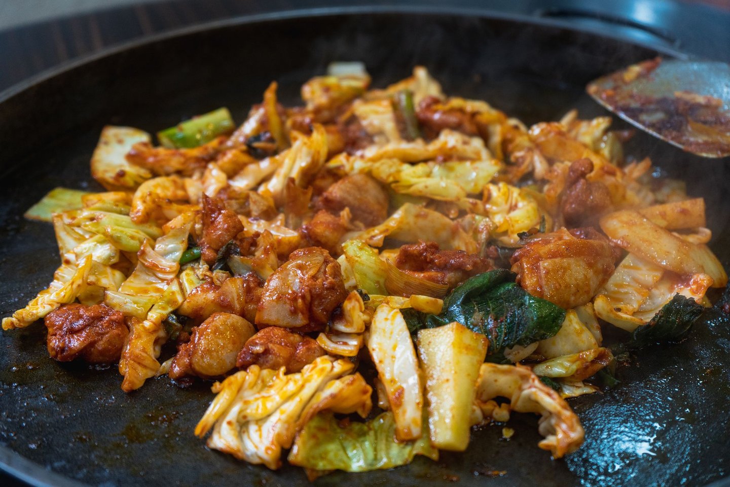 A plate of dakgalbi, a chicken dish, in Chuncheon, South Korea