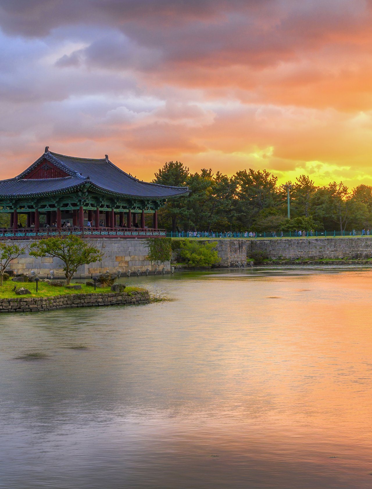 Sunset at Donggung Palace and Wolji Pond in Gyeongju, South Korea.