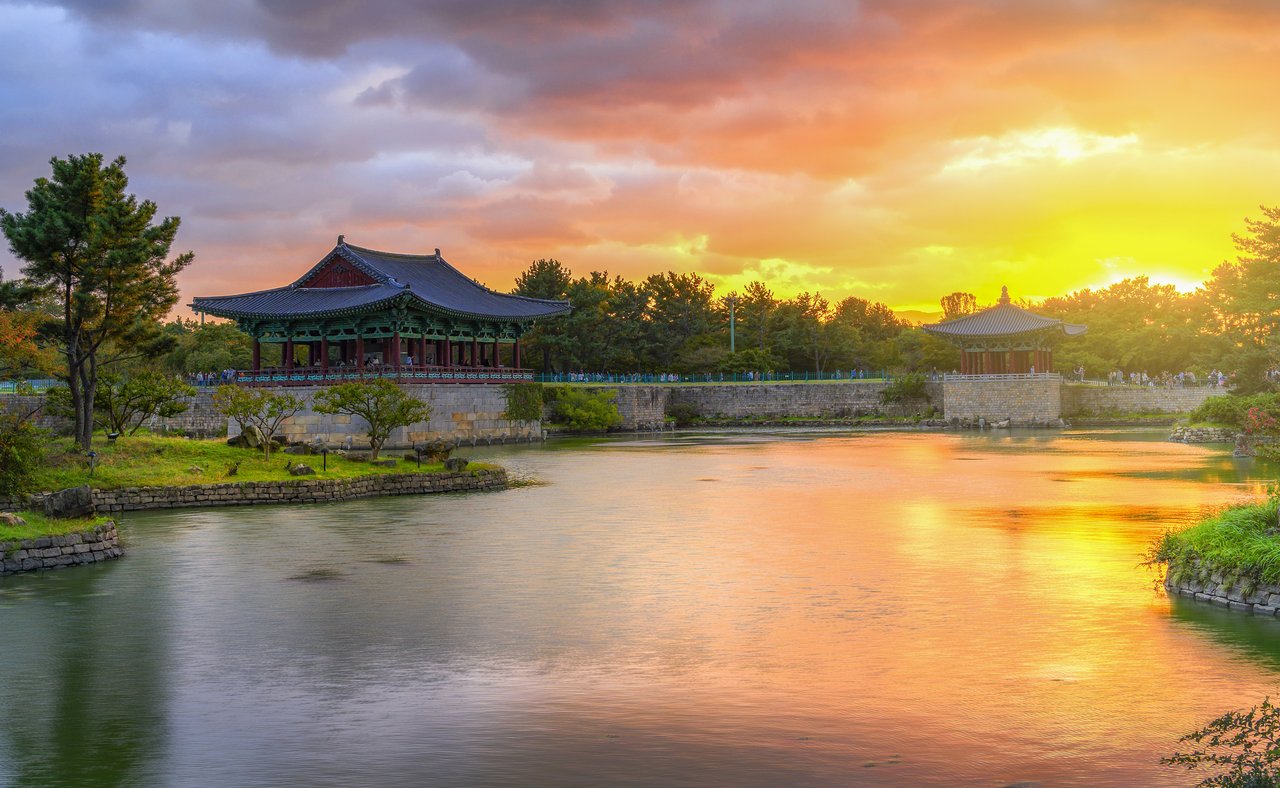 Sunset at Donggung Palace and Wolji Pond in Gyeongju, South Korea.