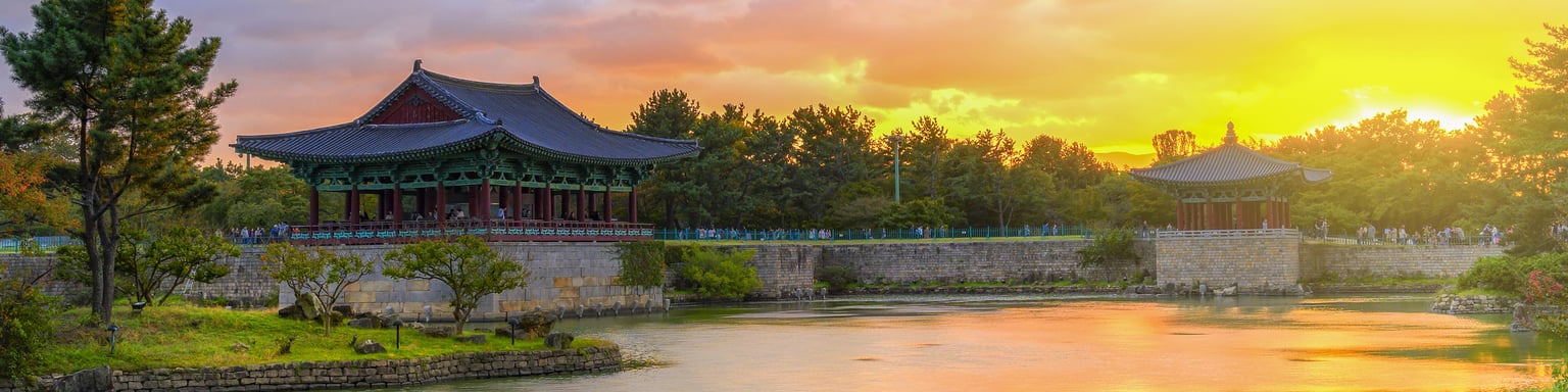 Sunset at Donggung Palace and Wolji Pond in Gyeongju, South Korea.