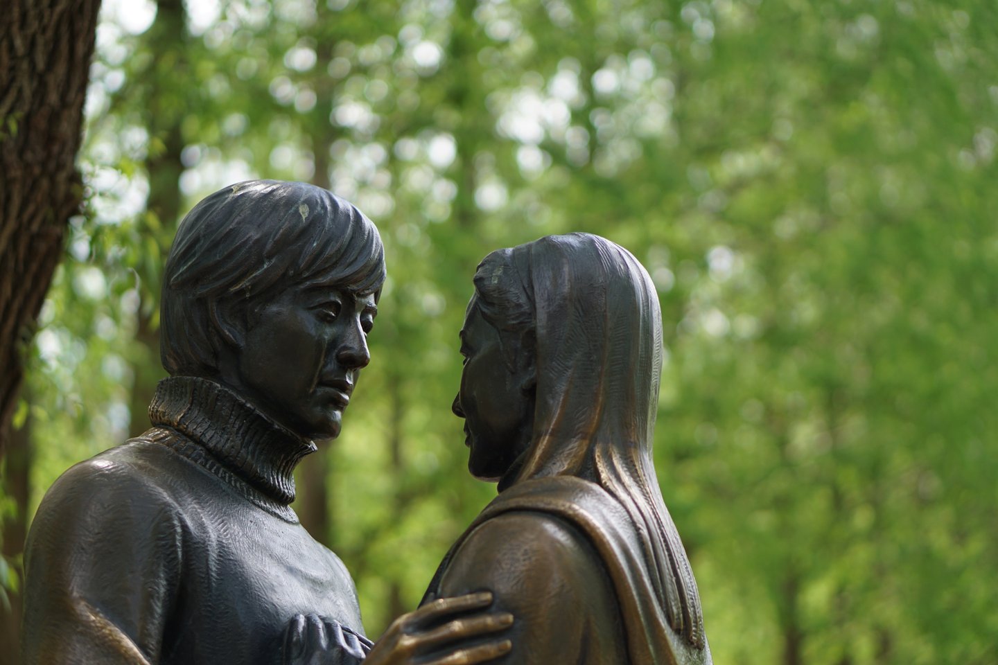 The Winter sonata statue beneath the trees in Nami Island, South Korea.