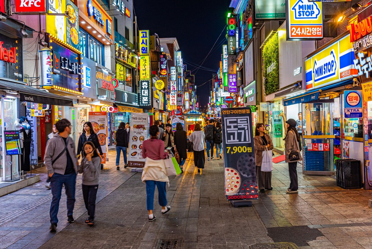 Bright lights at night in Itaewon, Seoul.