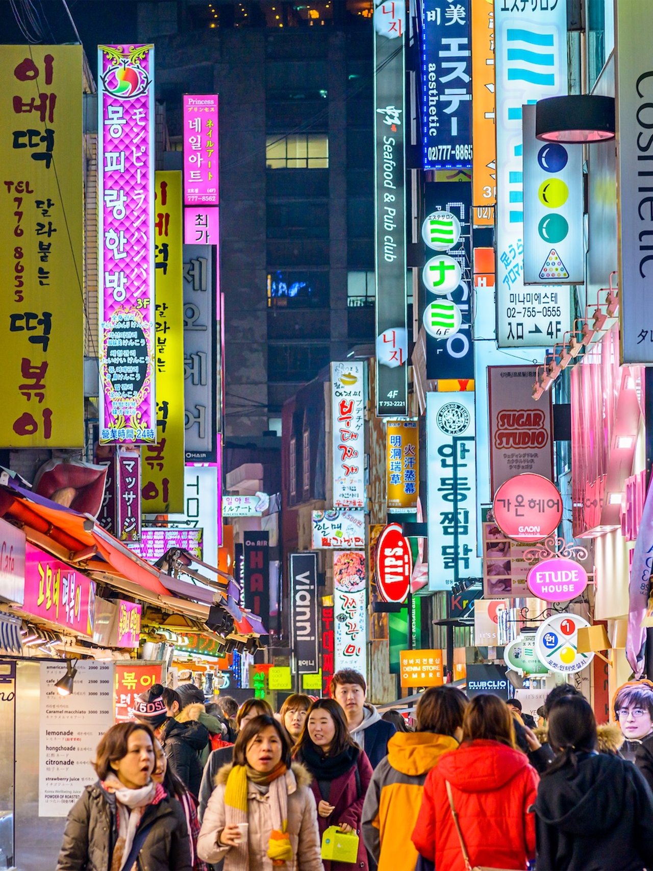 Crowds enjoy the Myeongdong district nightlife in Seoul.