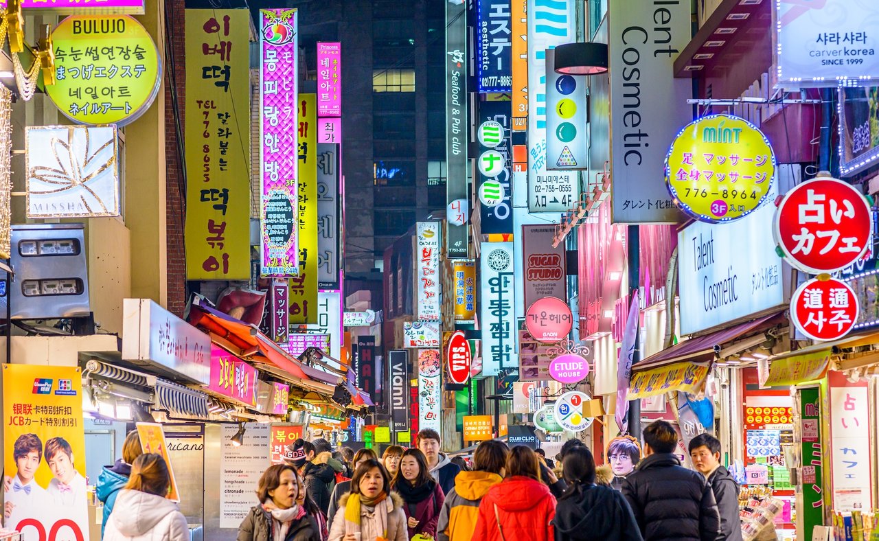 Crowds enjoy the Myeongdong district nightlife in Seoul.