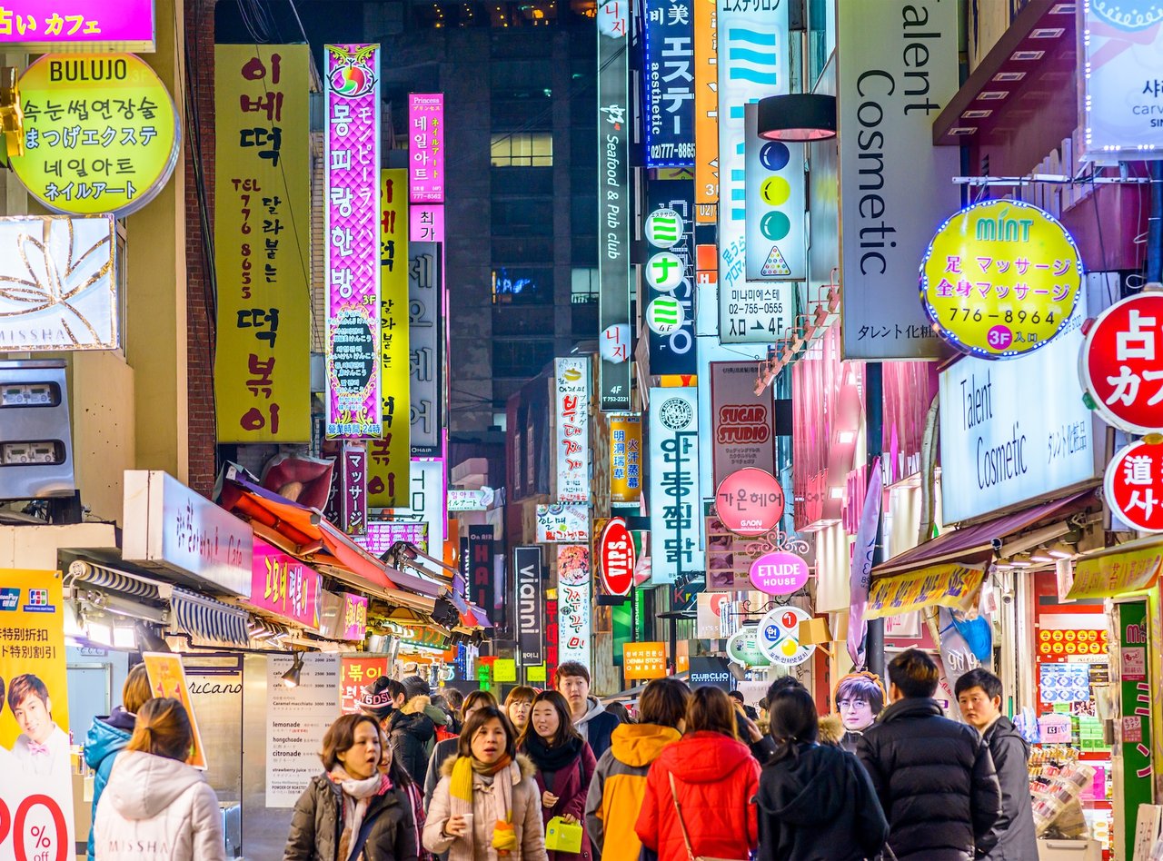 Crowds enjoy the Myeongdong district nightlife in Seoul.