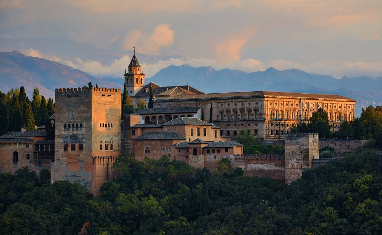 Sunset view at the Alhambra palace and fortress in Granada, Spain