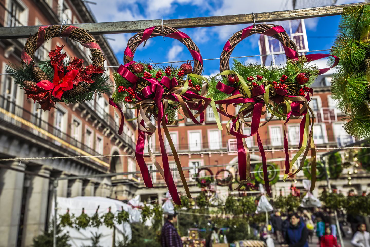 Bright decorations at a Christmas Market in Madrid, Spain.