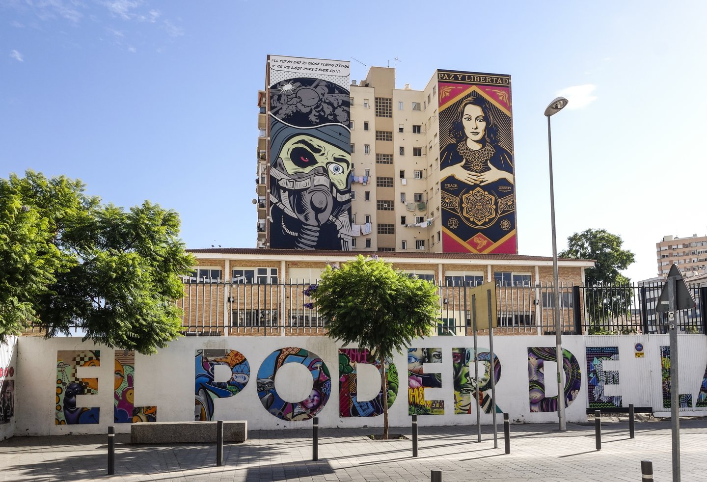 The mural paintings of D Face, on Obey Shepard Fairey, in Malaga Soho, art district, Andalusia, Spain