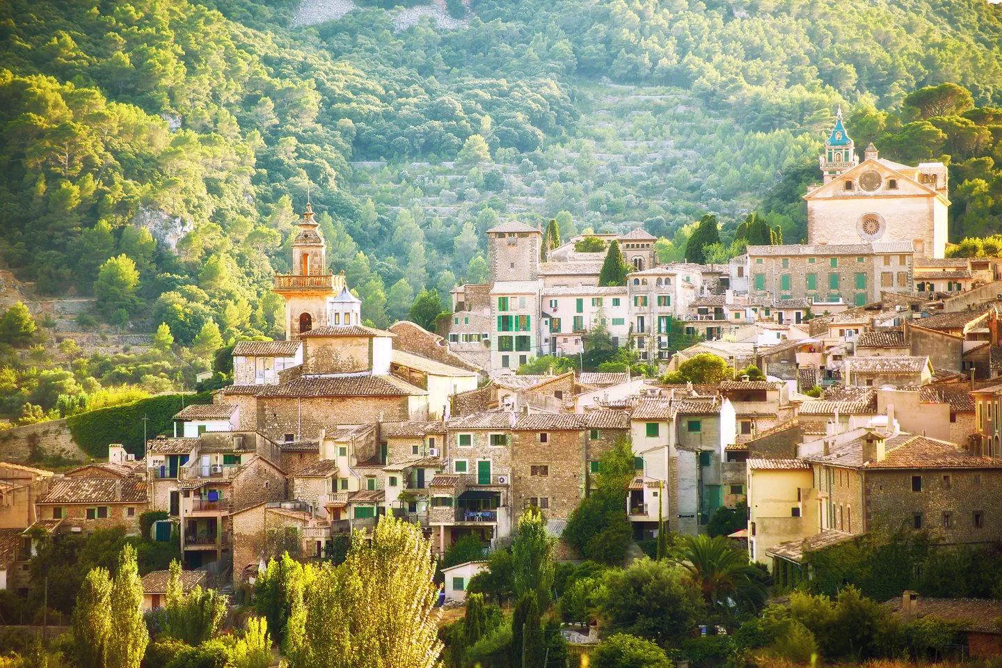 Valldemosa village nestled in the trees in Mallorca, Spain