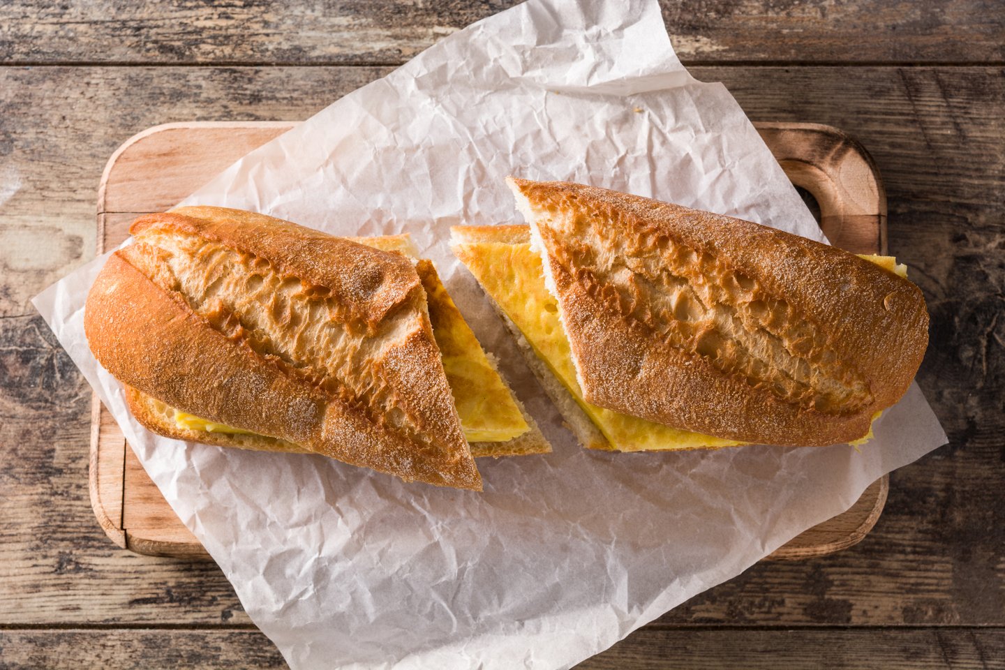 Tortilla de patatas served on a baguette in Basque Country, Spain