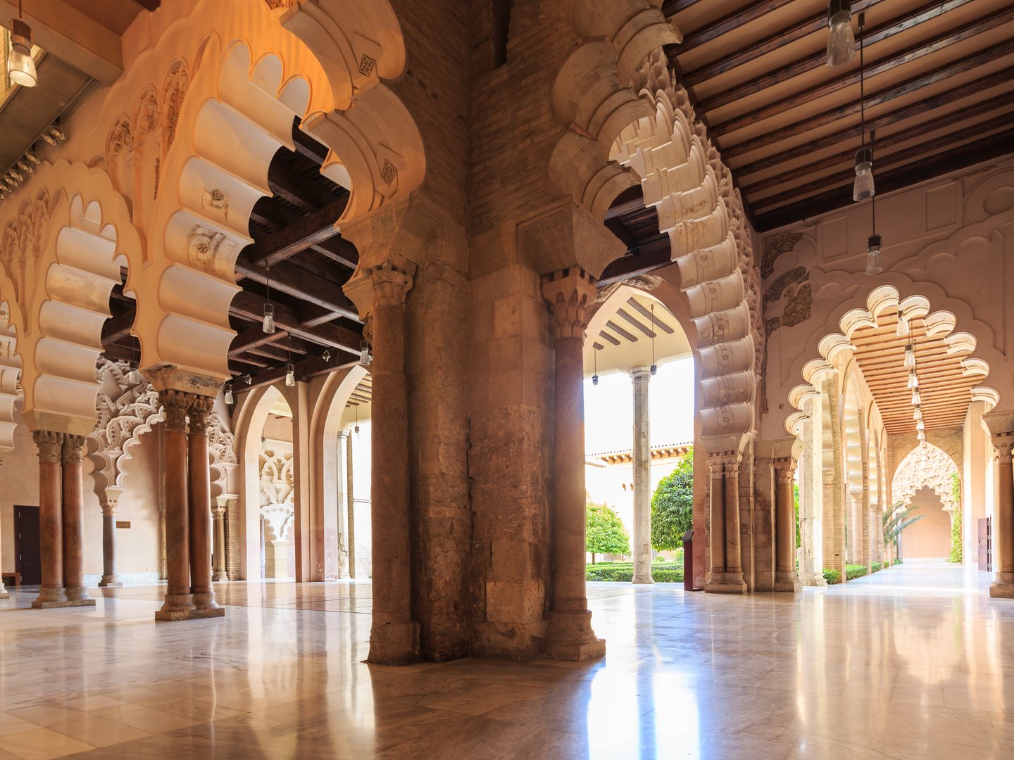 Arches and rooms of the Nord Porch within the Aljaferia Palace in Zaragoza, Spain