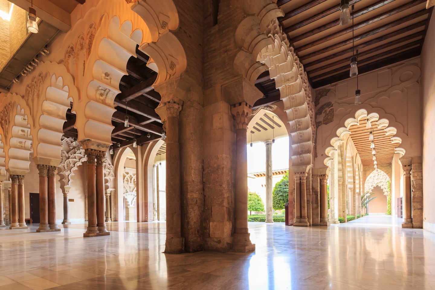 Arches and rooms of the Nord Porch within the Aljaferia Palace in Zaragoza, Spain
