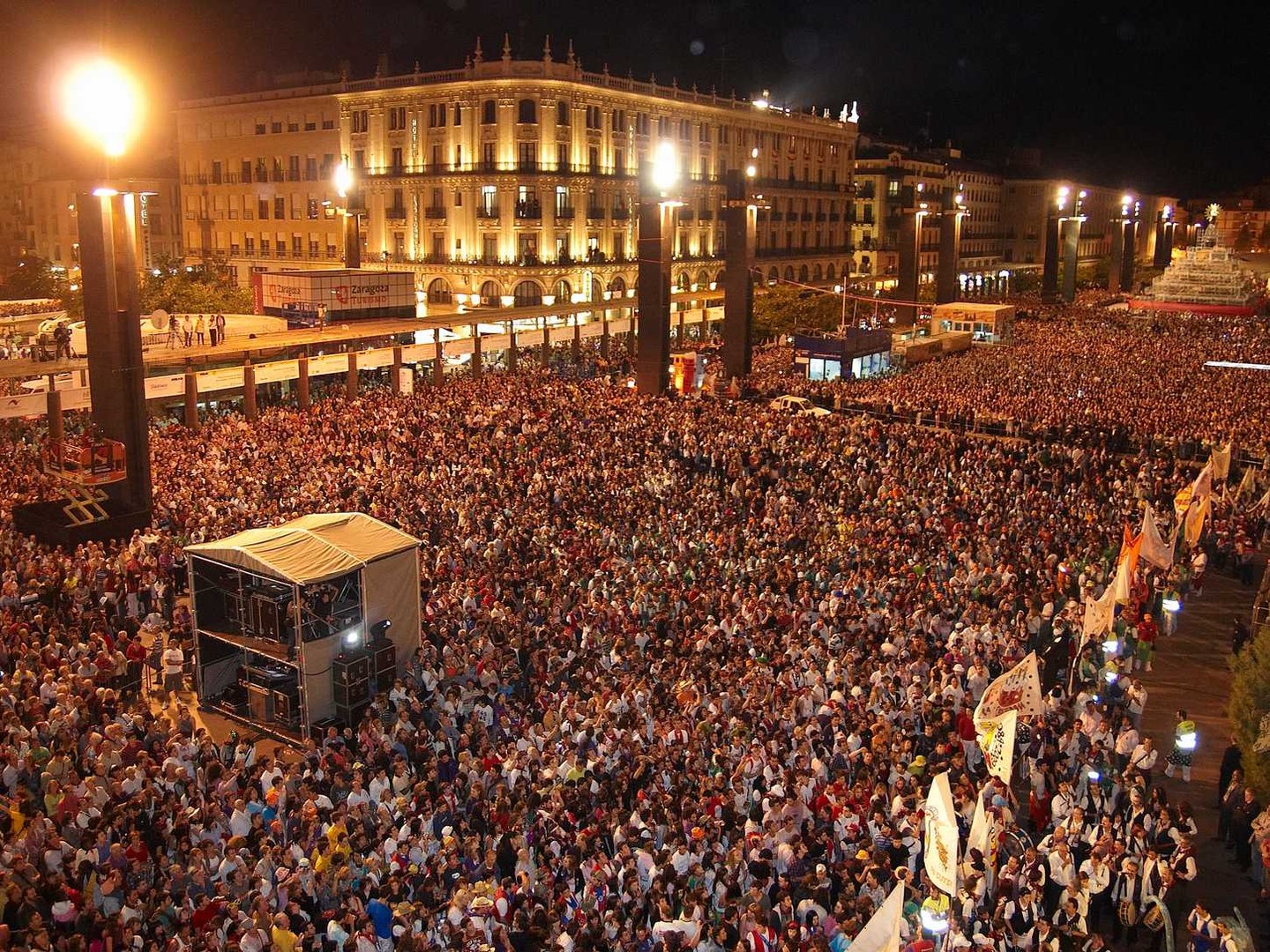 Crowds of people at the Fiestas del Pilar in Zaragoza