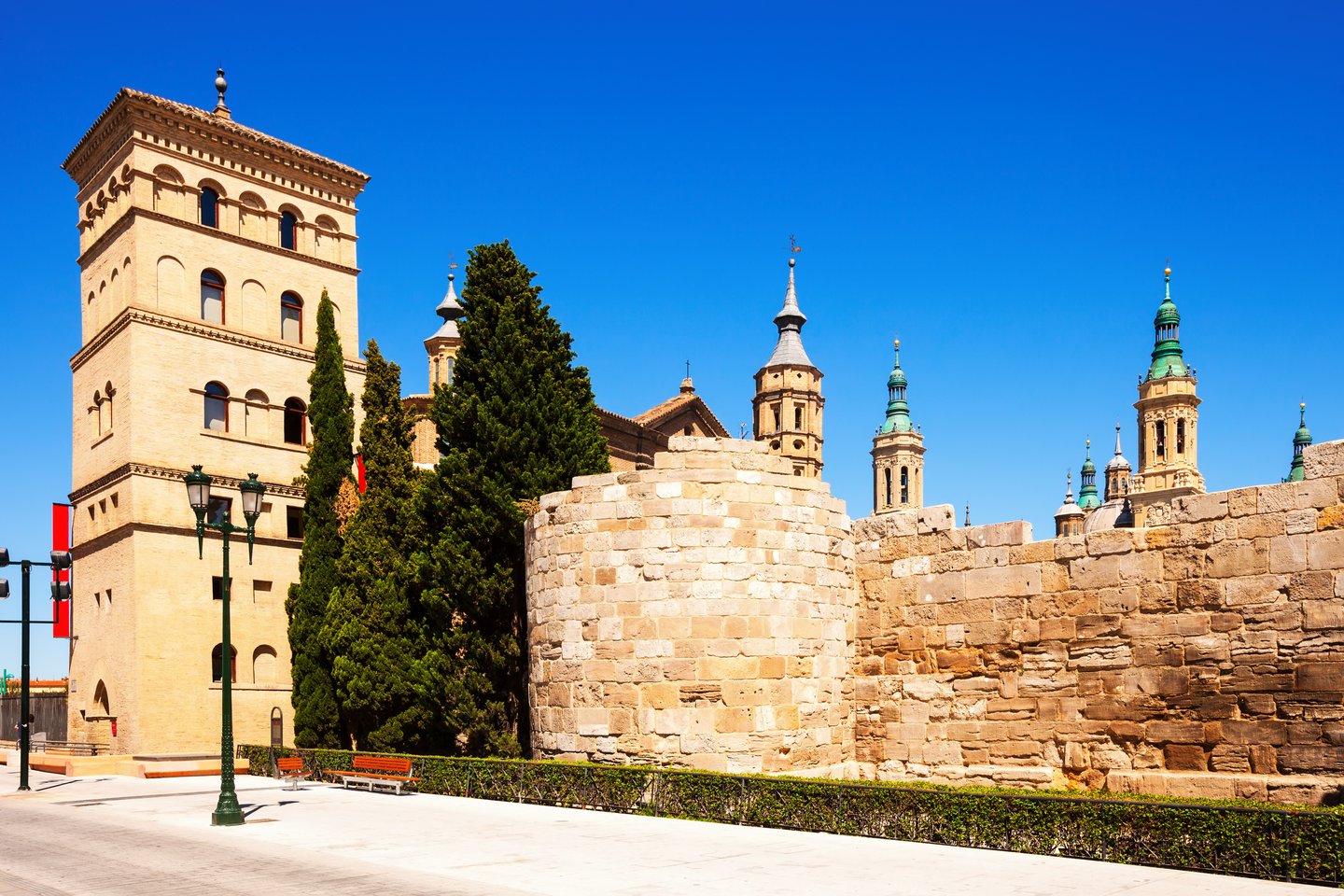 Ruins of Roman Wall and Zuda Tower in Zaragoza, Spain