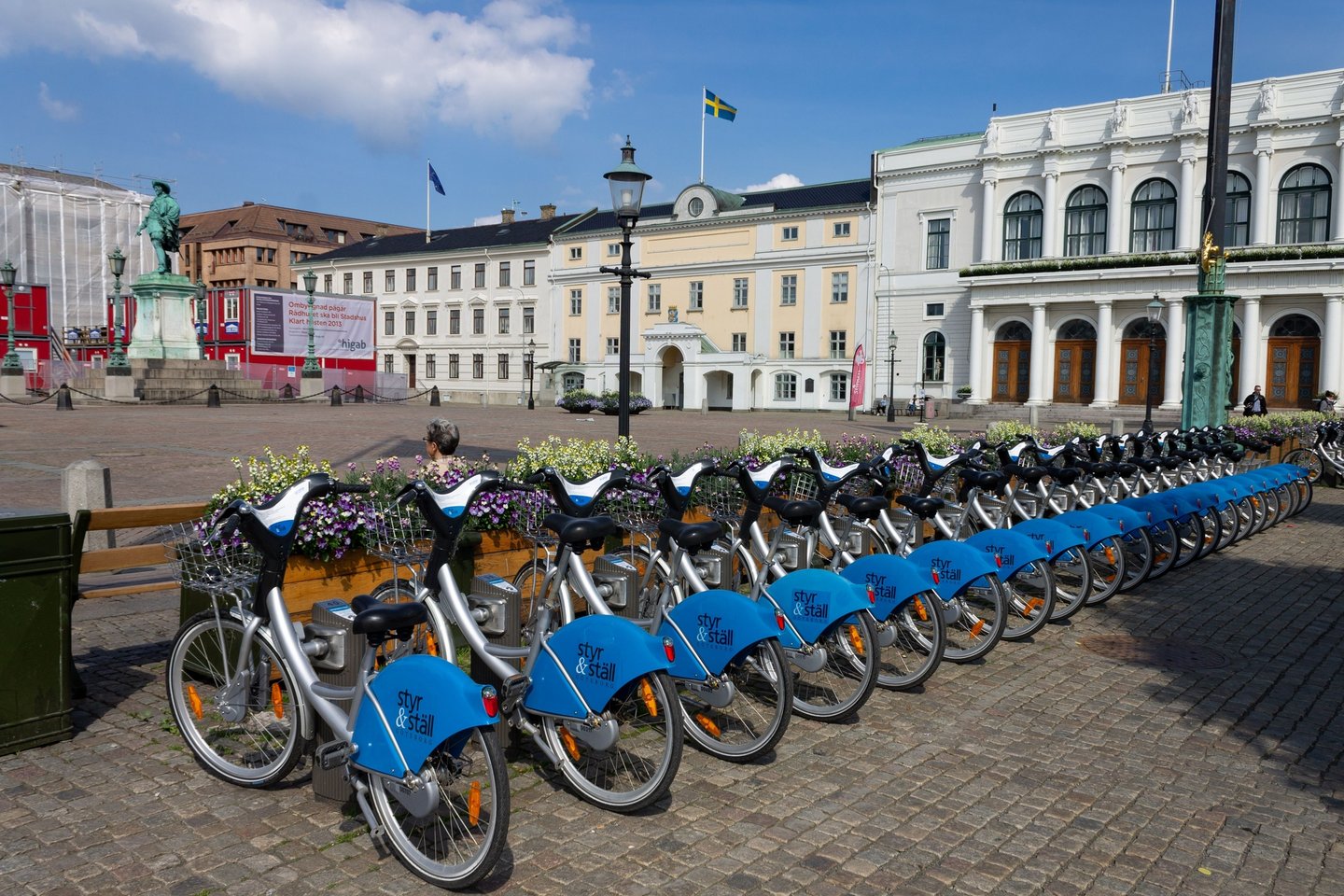 Row of bicycles along Gustaf Adolf Square, Gothenburg, Sweden