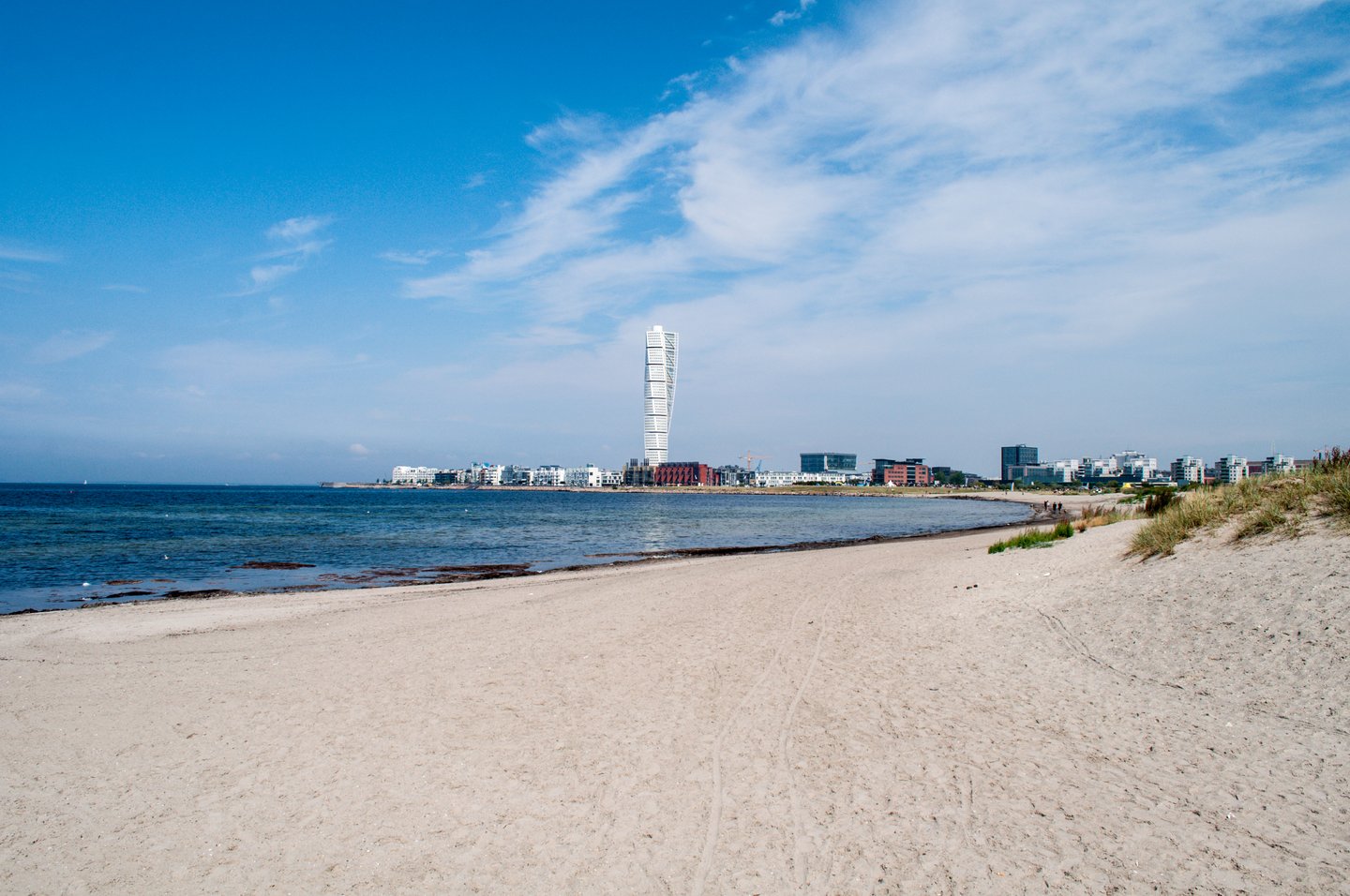 The sandy Ribersborg Beach looking across to the Turning Torso