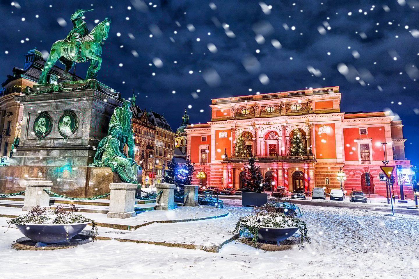 The Royal Opera House in Stockholm on a snowy evening.