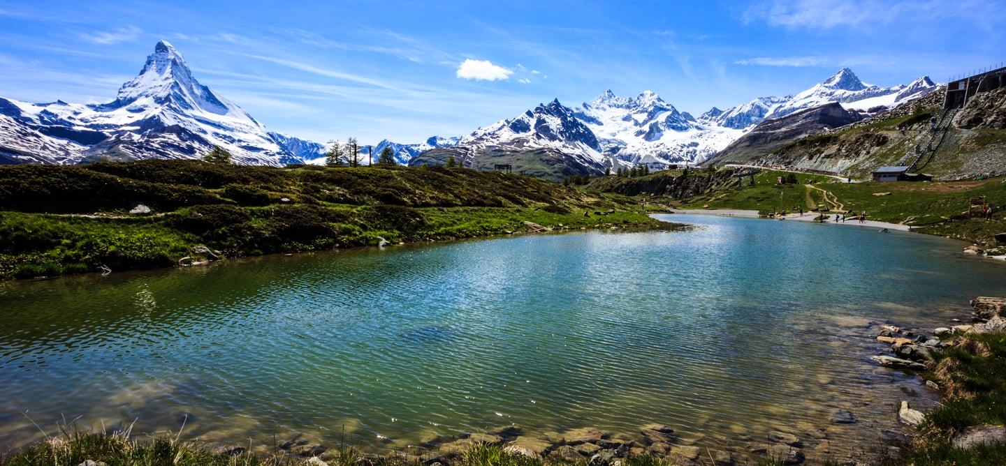 The blue waters of Leisee Lake near Zermatt, Switzerland