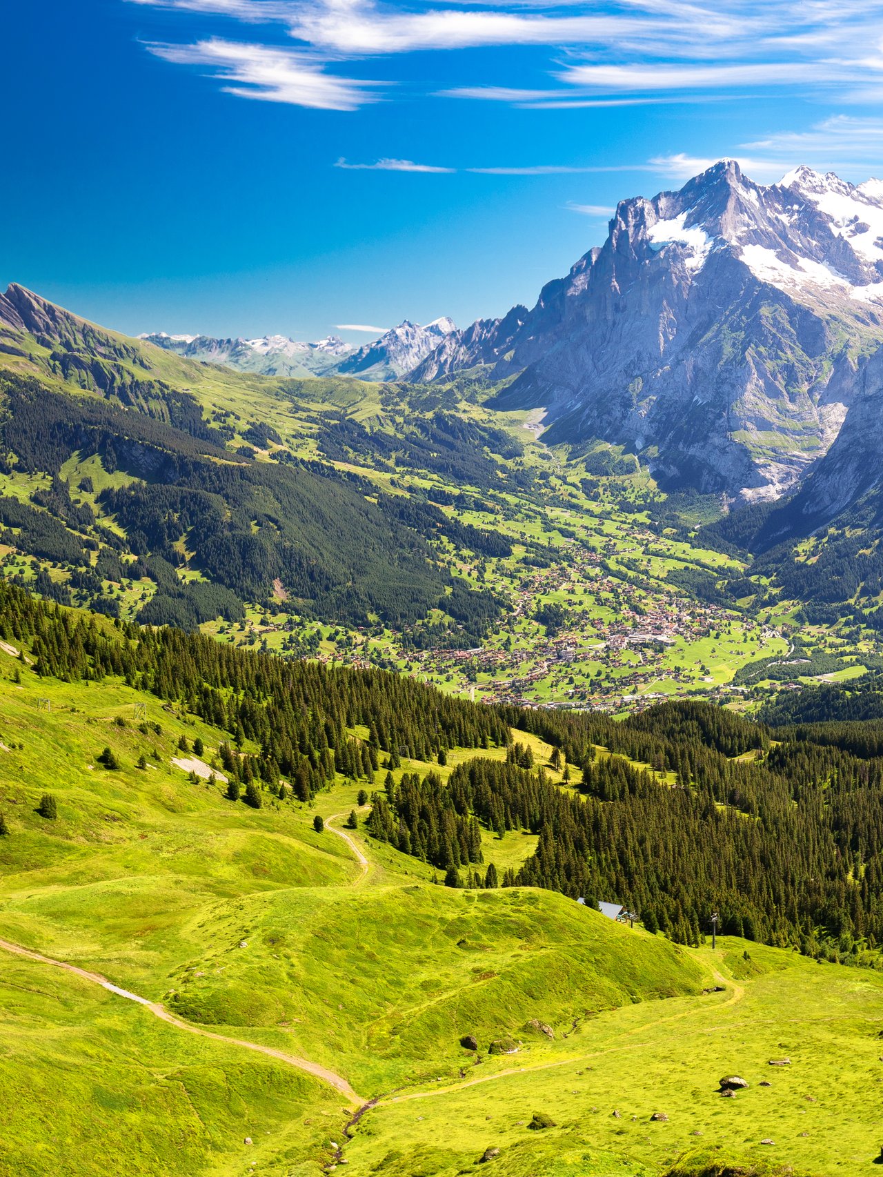 The panoramic view of Grindelwald from Mannlichen in Switzerland on a sunny day