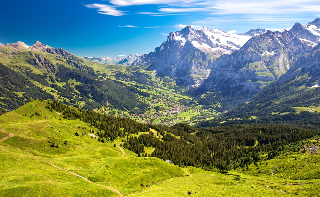 The panoramic view of Grindelwald from Mannlichen in Switzerland on a sunny day