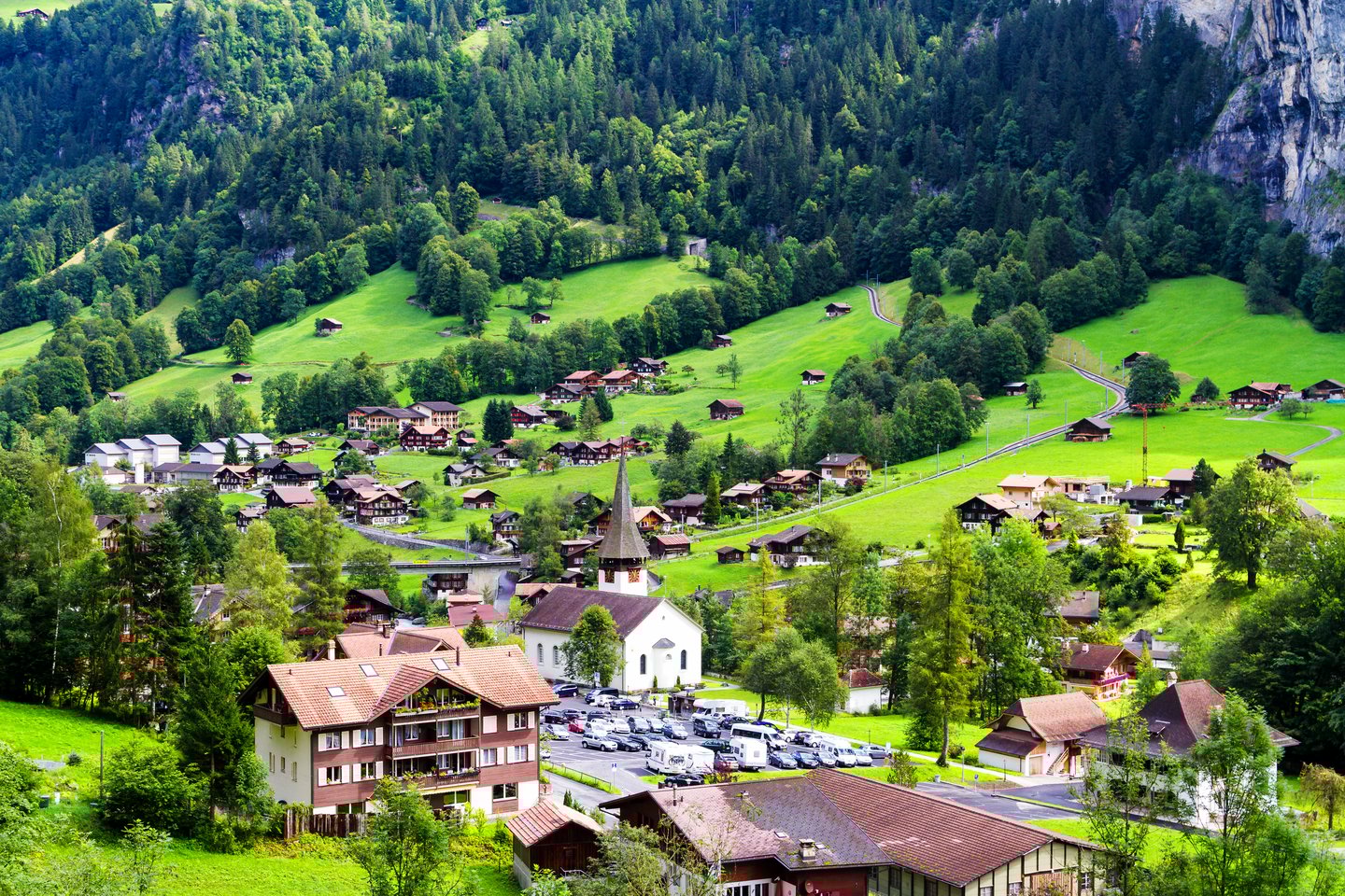 The picturesque town of Lauterbrunnen in Switzerland