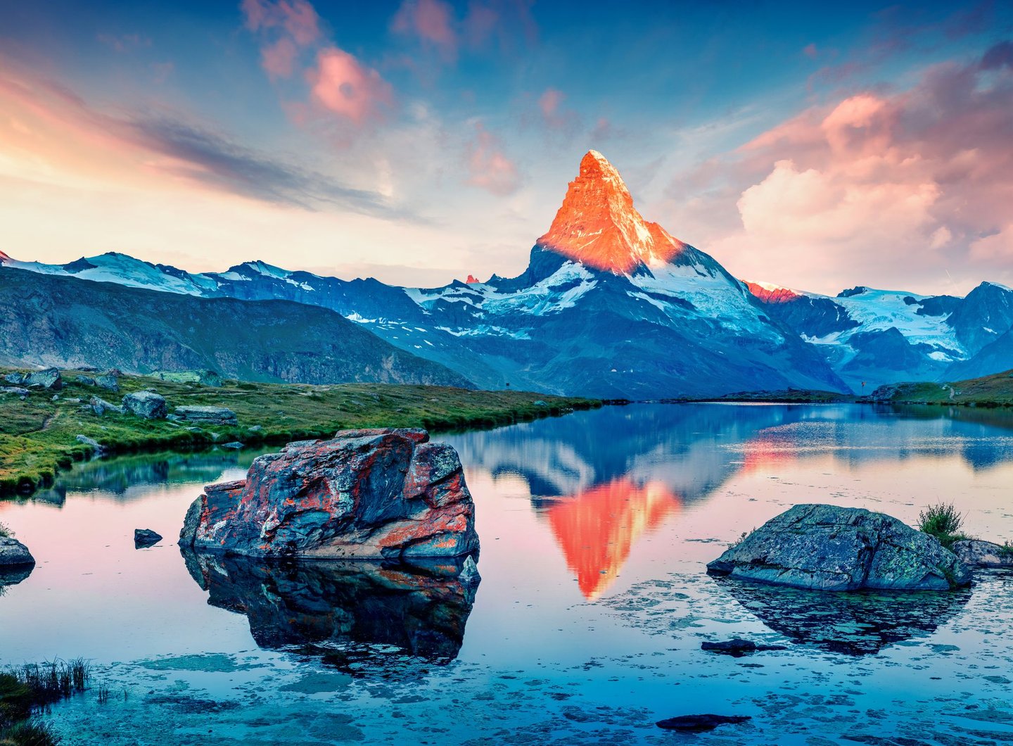 The Matterhorm reflected in Stellisee Lake near Zermatt, Switzerland.
