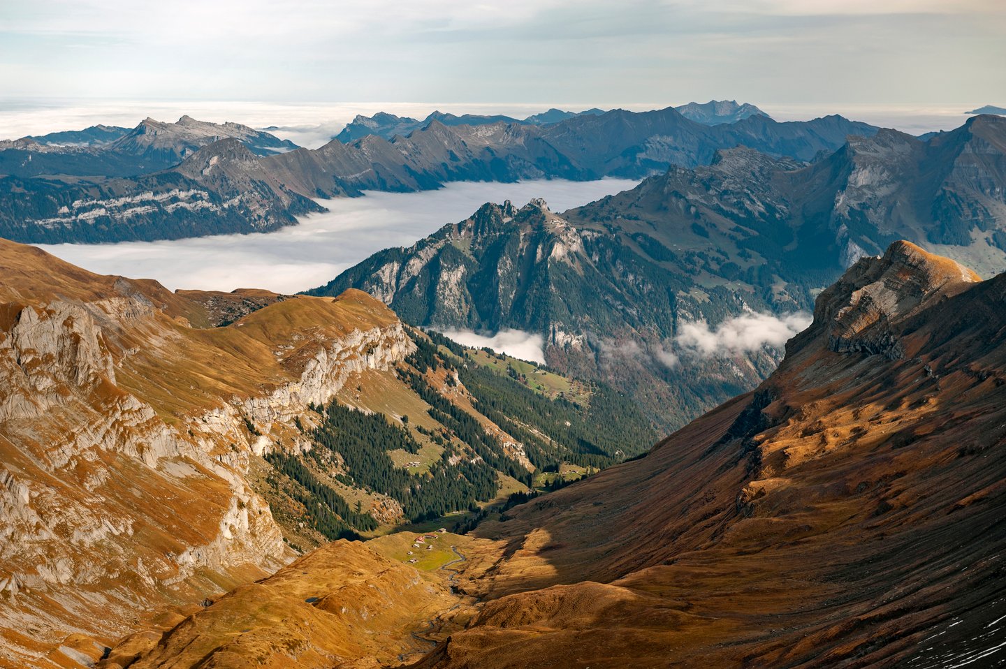 The snow-capped mountains of the Swiss Alps seen from Schilthorn