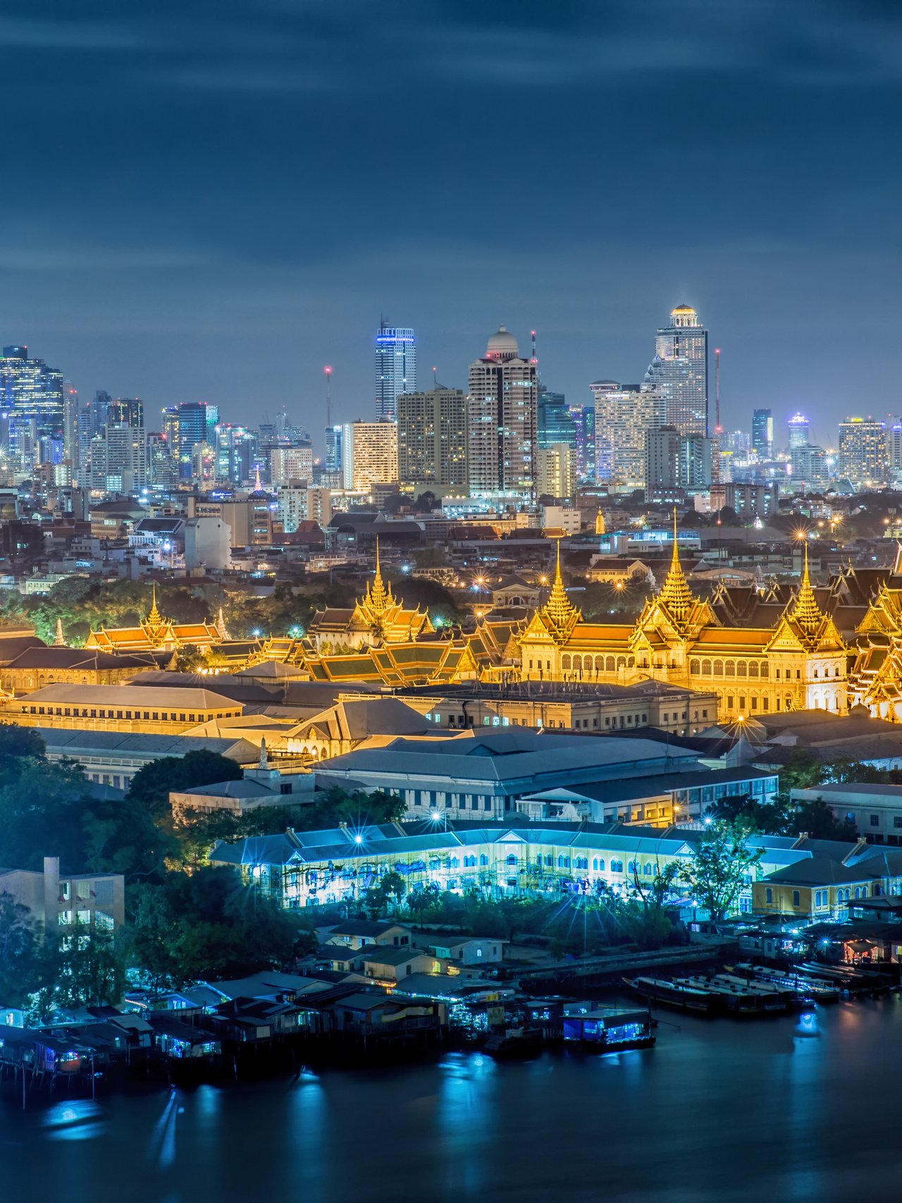Bangkok cityscape and palace at night