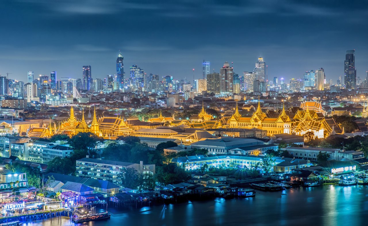 Bangkok cityscape and palace at night