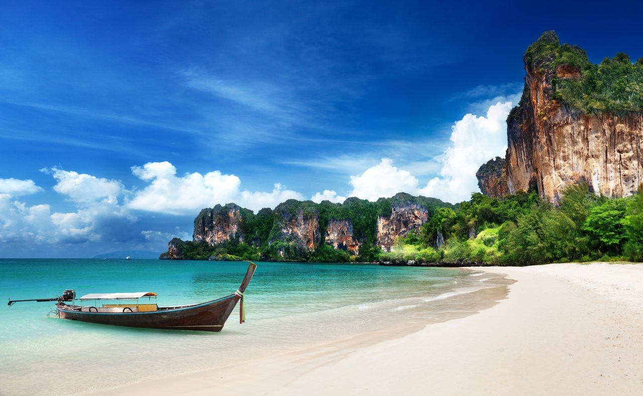 A long boat on Railay Beach in Krabi, Thailand.