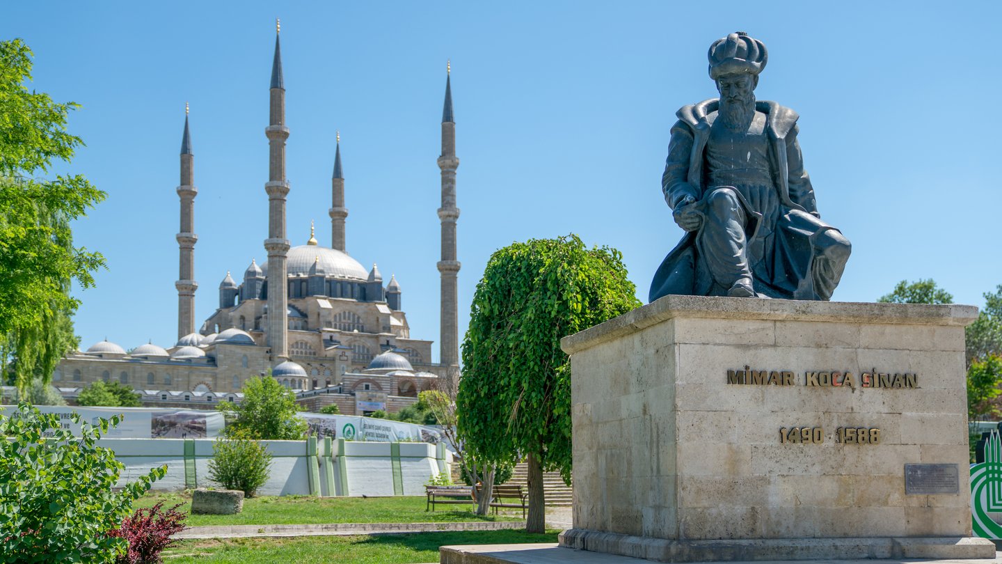 The Selimiye Mosque and statue of its architect Mimar Sinan in Edirne, Turkey