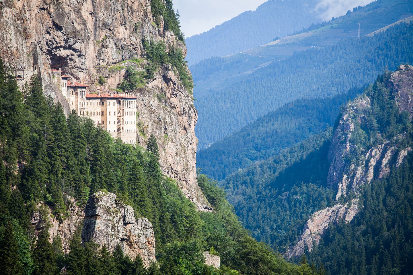 Sumela Monastery isurrounded by forest and cliffs