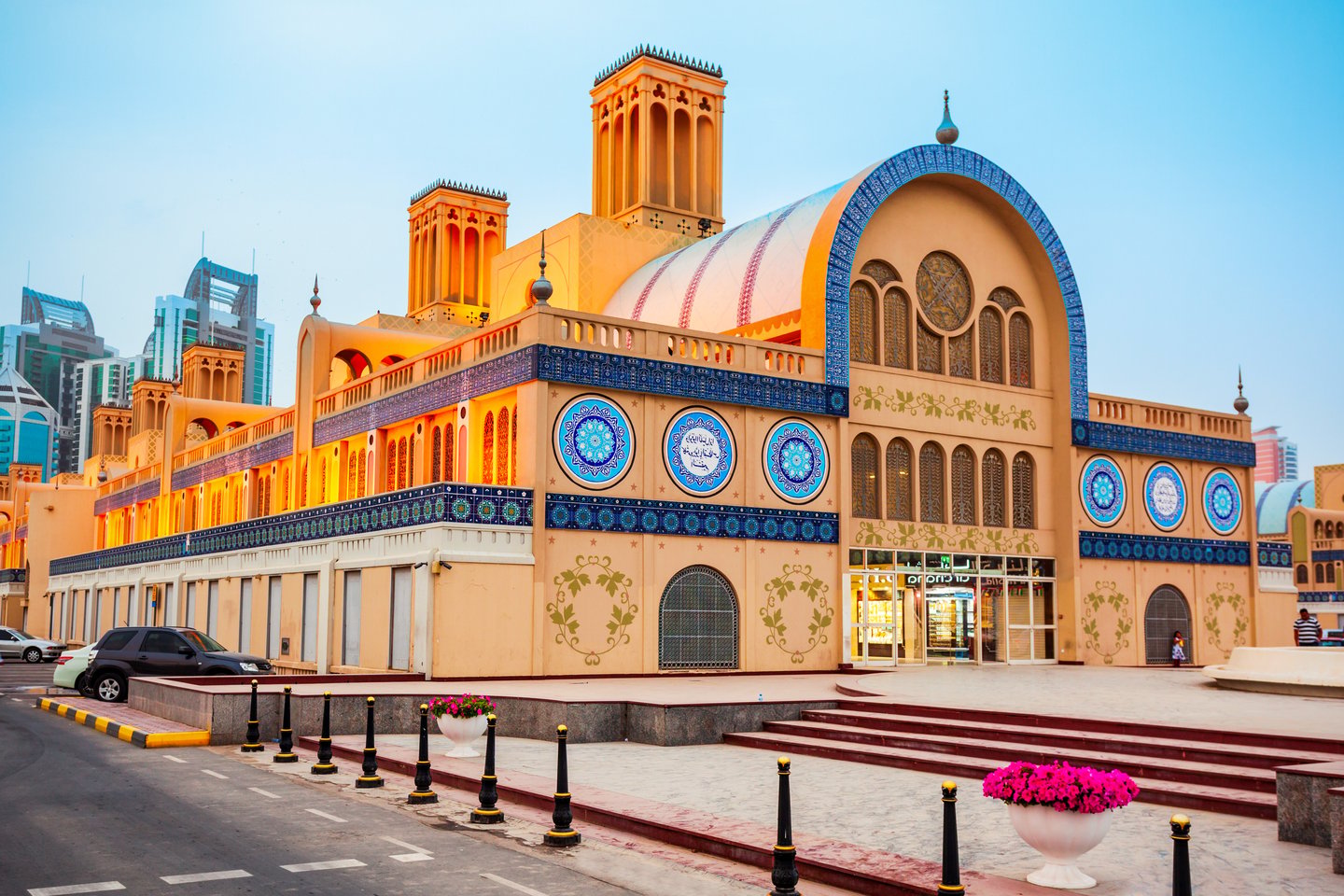 The exterior of the Blue Souk or market decorated with blue details in Sharjah, UAE