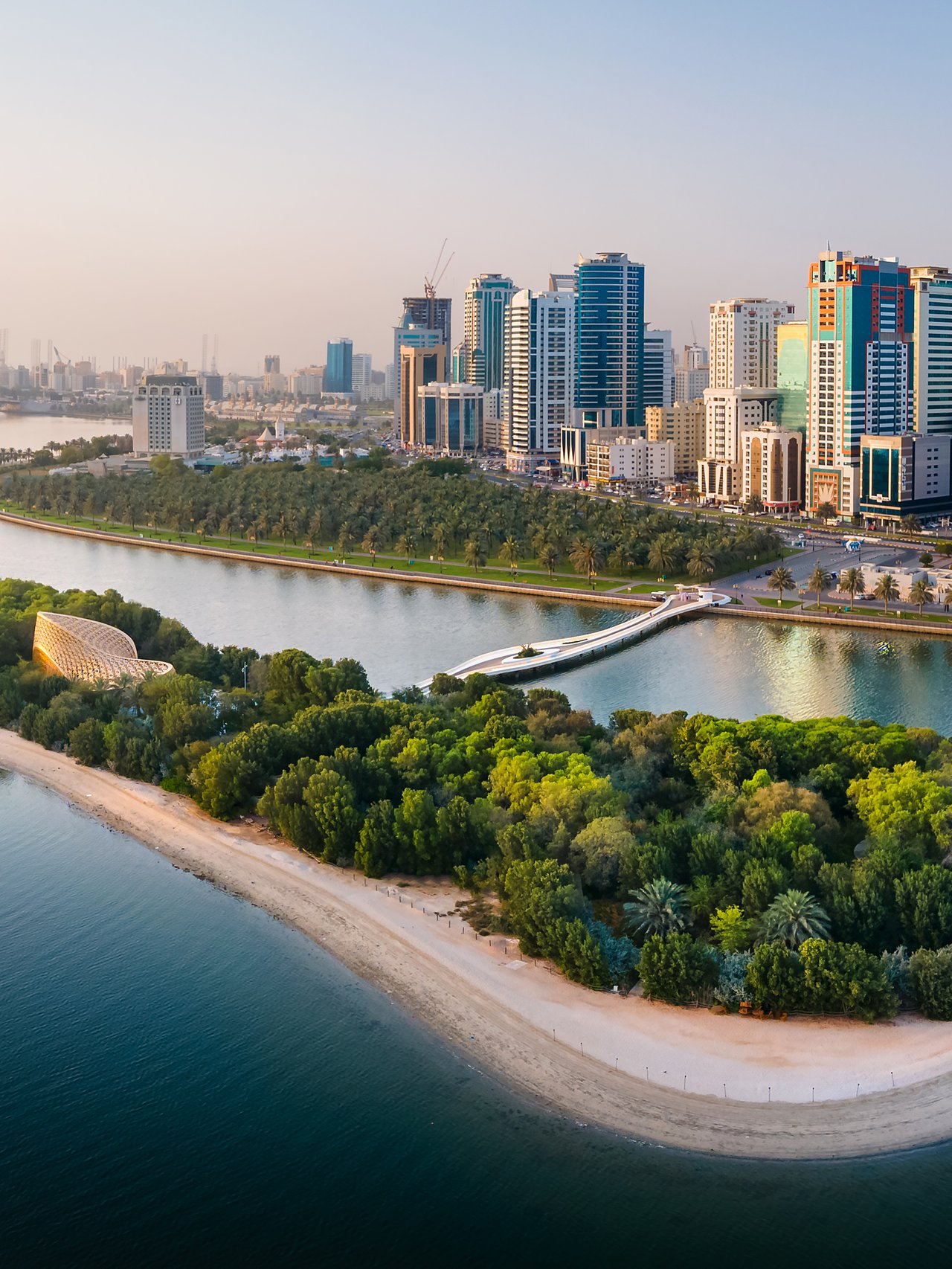 Downtown city of Sharjah in the UAE with Al Noor island visible in Khalid lake