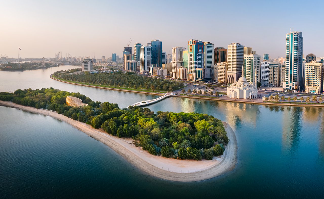 Downtown city of Sharjah in the UAE with Al Noor island visible in Khalid lake