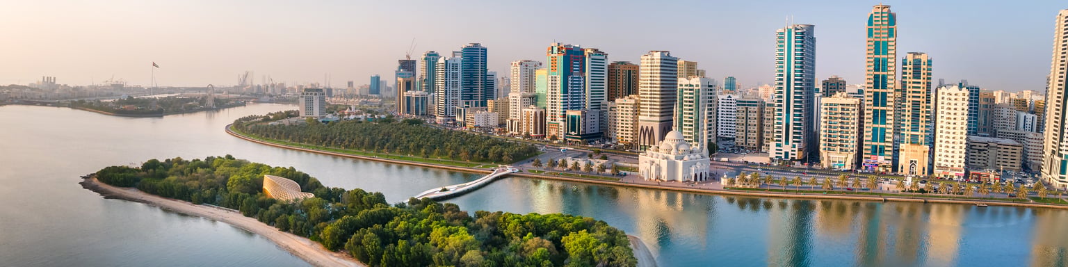 Downtown city of Sharjah in the UAE with Al Noor island visible in Khalid lake