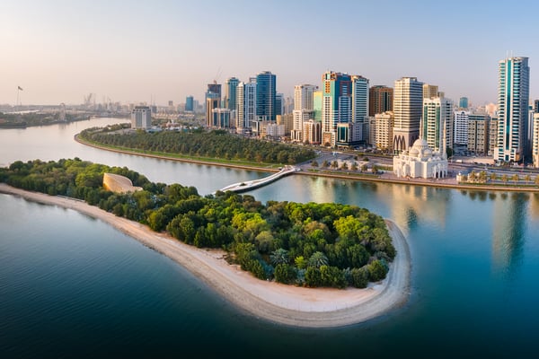 Downtown city of Sharjah in the UAE with Al Noor island visible in Khalid lake