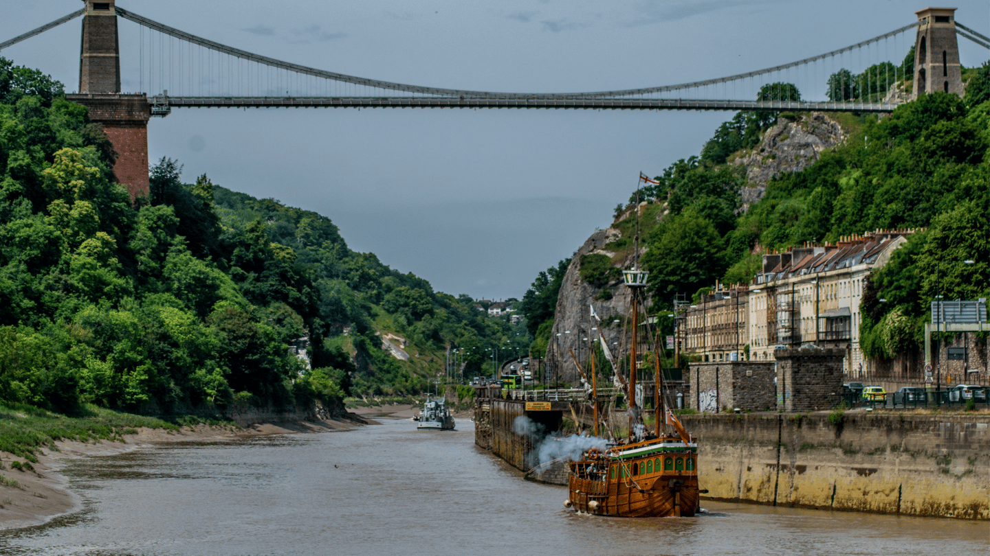 The Matthew sailing under the Clifton Suspension Bridge in Bristol