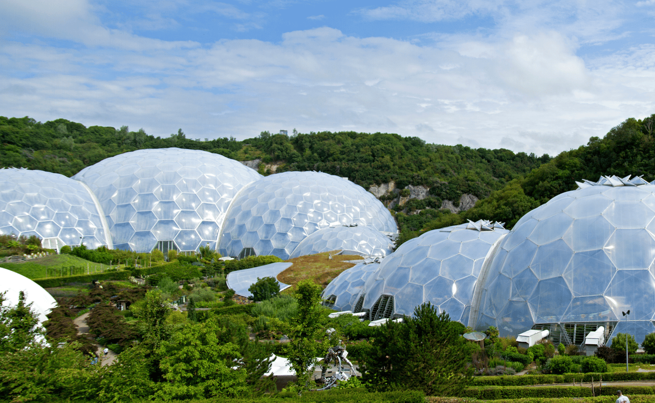 A panoramic view of the Eden Project in Cornwall.