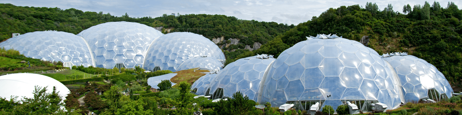 A panoramic view of the Eden Project in Cornwall.
