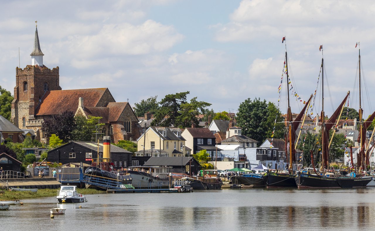A panoramic view over the River Chelmer in the town of Maldon in Essex, UK