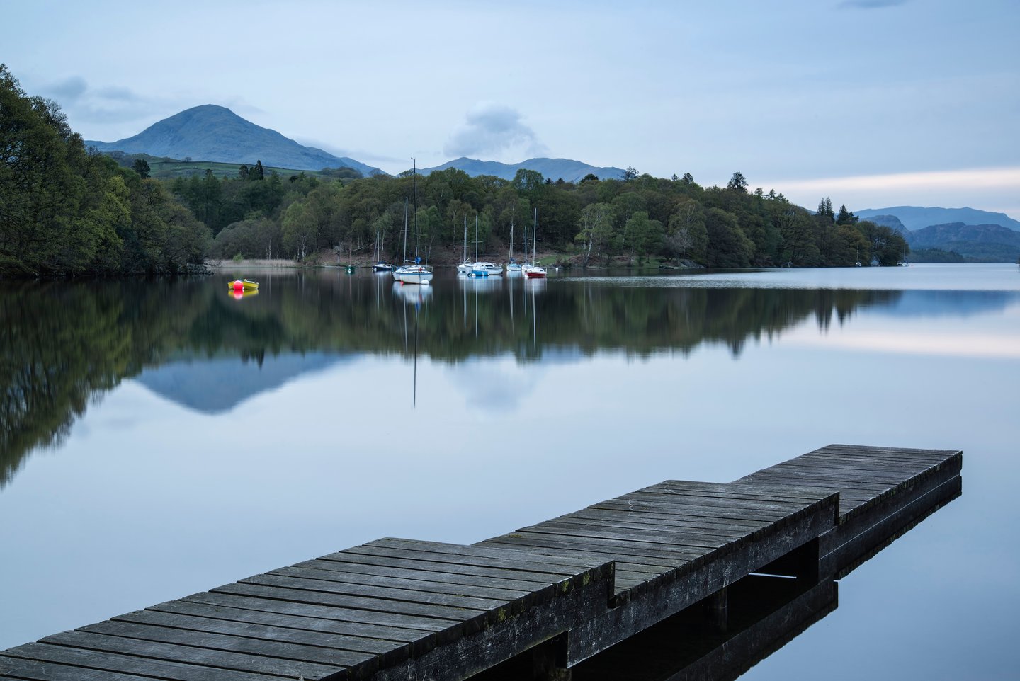 Calm moody evening landscape over Coniston Water in the English Lake District