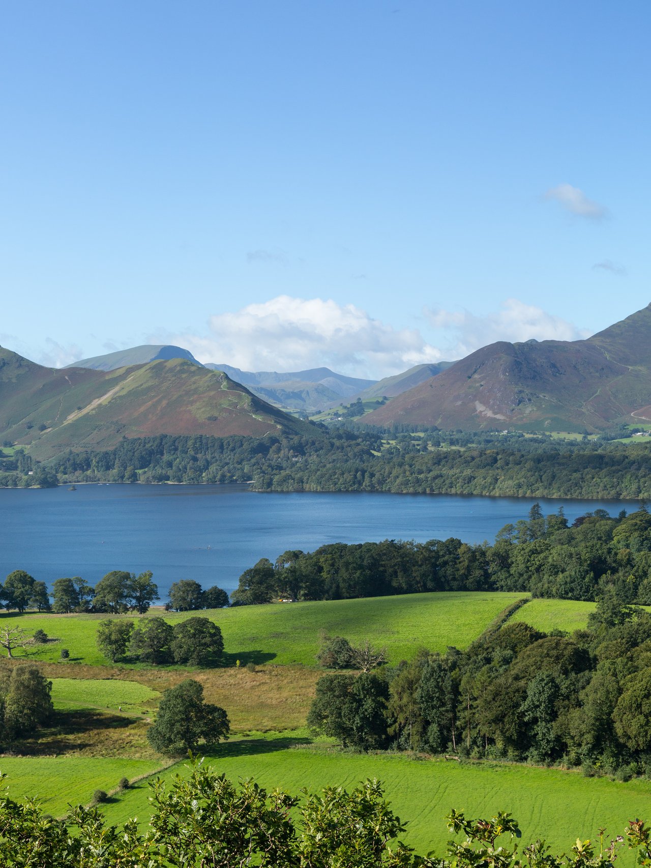 Panorama of Derwentwater in English Lake District from Castlehead viewpoint in the early morning