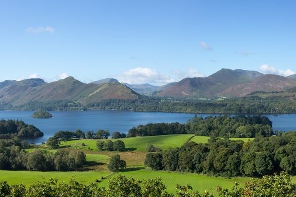 Panorama of Derwentwater in English Lake District from Castlehead viewpoint in the early morning