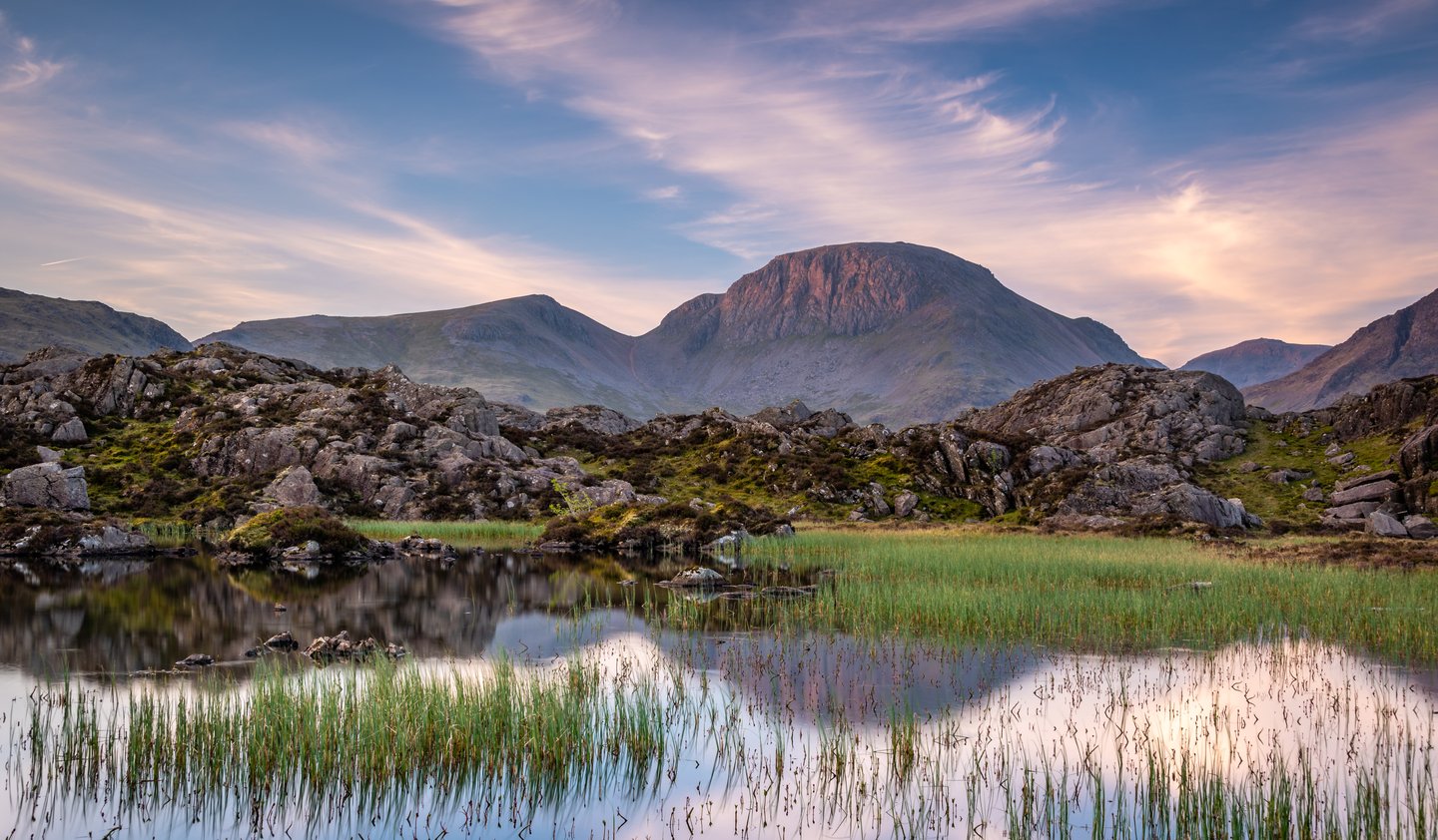 Reflections of Great Gable in the UK's Lake District at sunrise