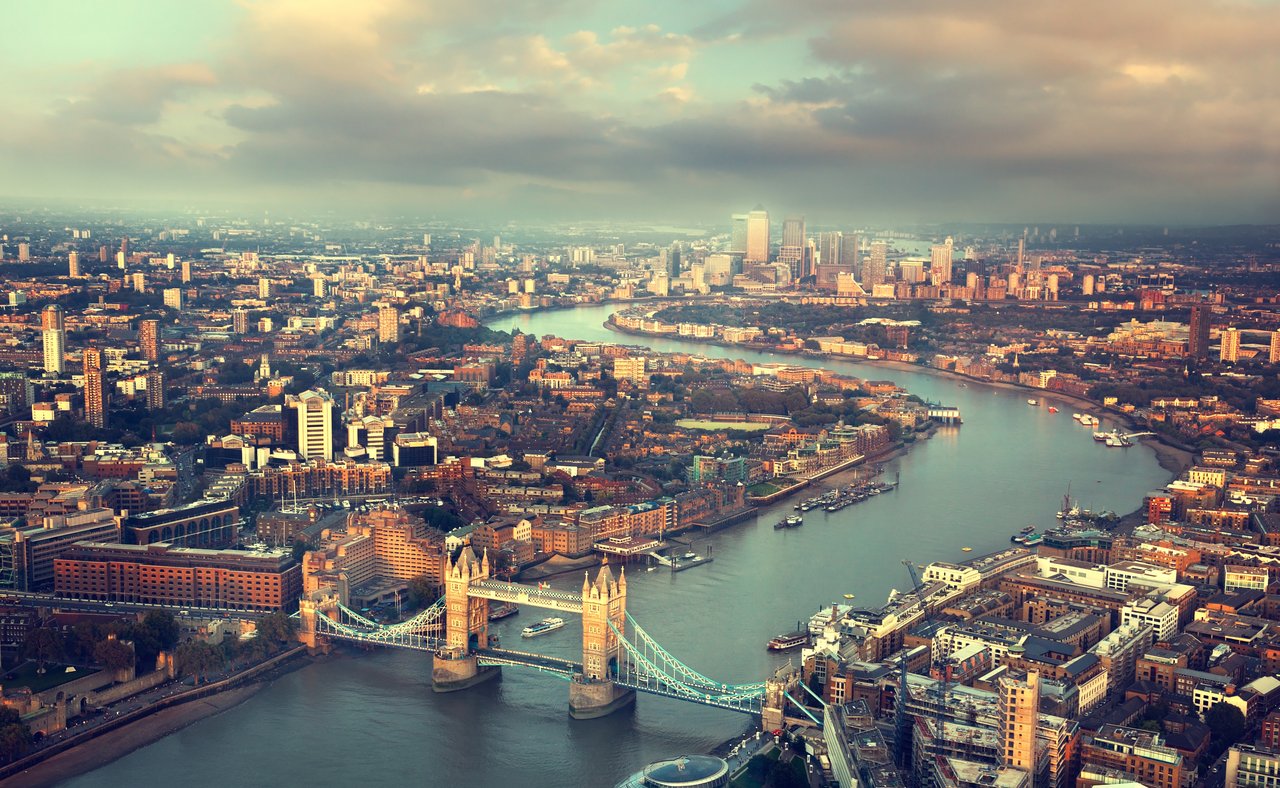 An aerial view of London and Tower Bridge